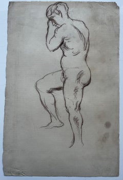 Brown Chalk Male Nude Figure Study Academic Drawing French School