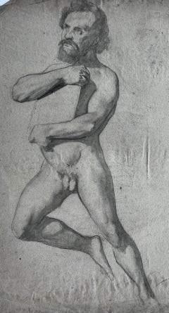 Pencil Male Nude Figure Study Bearded Academic French School