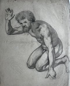 Pencil Male Nude Figure Study Kneeling Bearded Academic French School