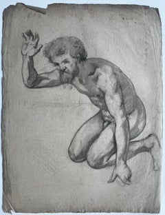 Pencil Male Nude Figure Study Kneeling Bearded Academic French School
