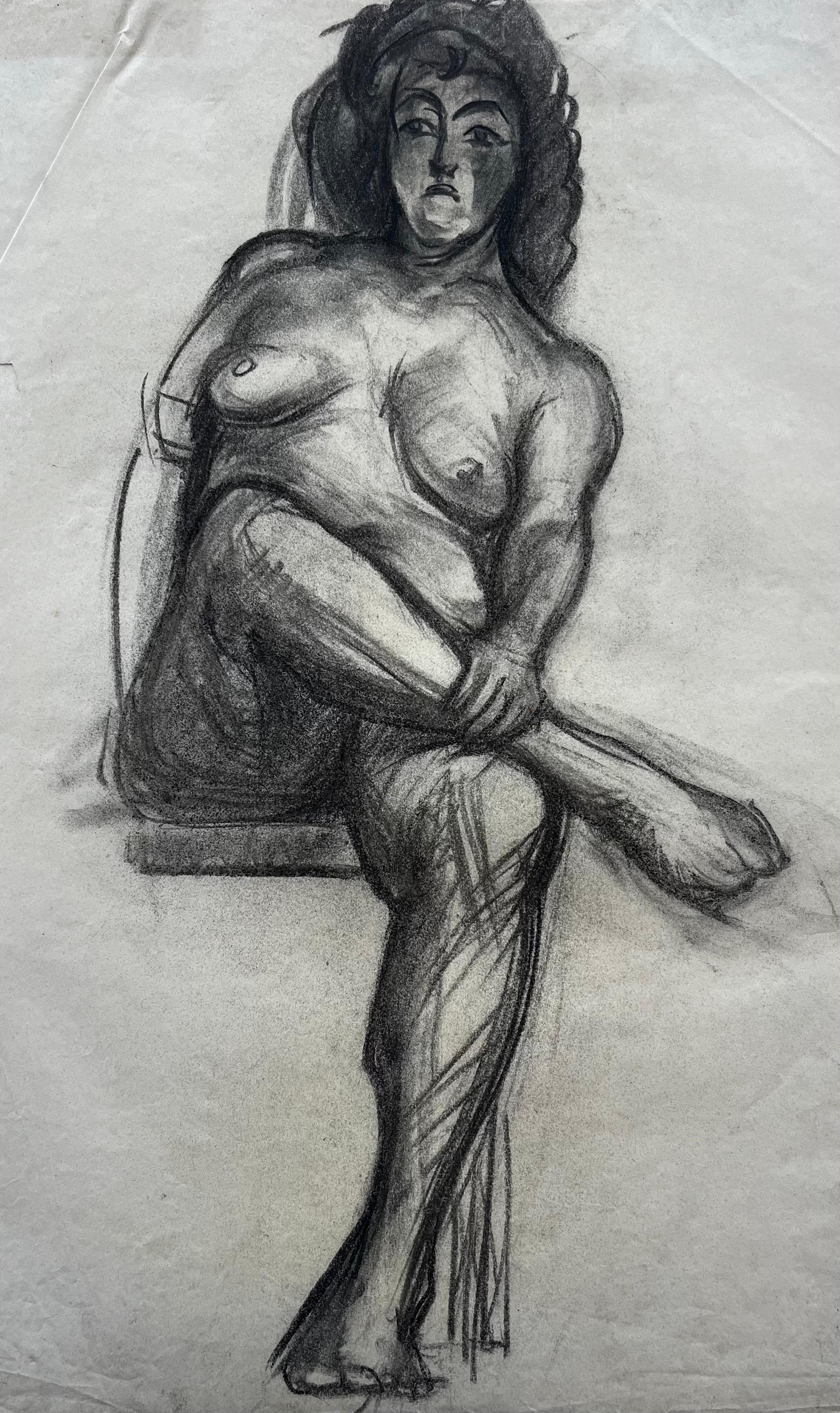 Charcoal Seated Female Nude Figure Study French School Mid Century