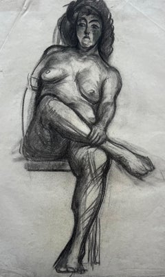 Charcoal Seated Female Nude Figure Study French School Mid Century