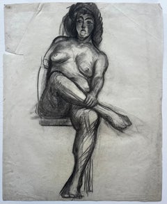 Charcoal Seated Female Nude Figure Study French School Mid Century