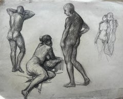 Charcoal Multiple Nude Figure Studies Academic French School Mid Century