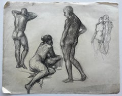 Charcoal Multiple Nude Figure Studies Academic French School Mid Century