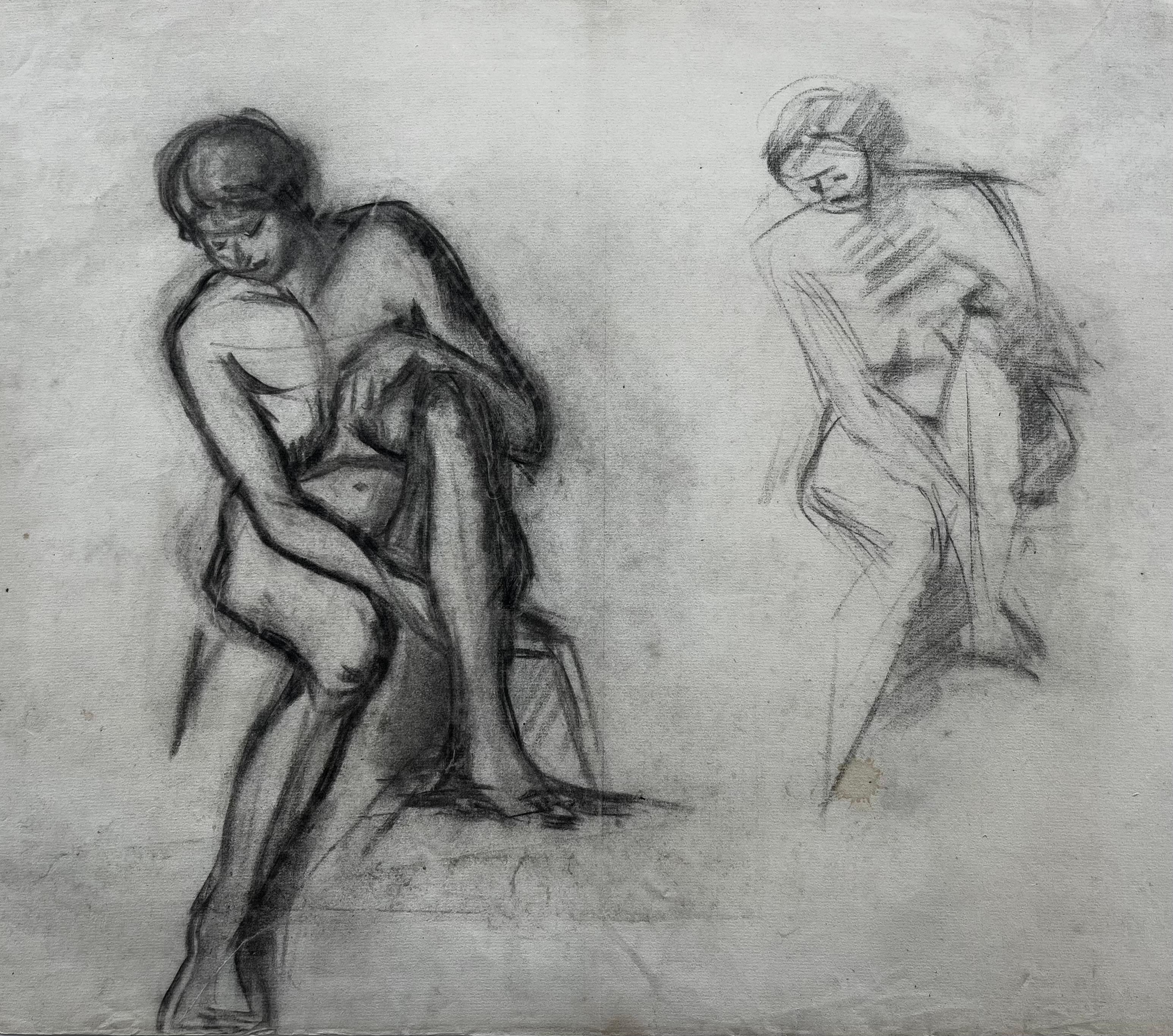 Charcoal Seated Female Nude Figure Studies French School Mid Century