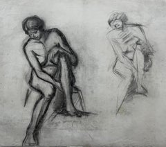 Charcoal Seated Female Nude Figure Studies French School Mid Century