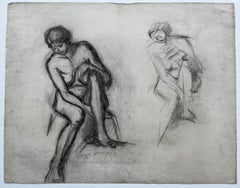 Charcoal Seated Female Nude Figure Studies French School Mid Century