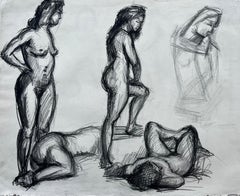 Fusain Multiple Femme Nue Figure Études Académique École Française