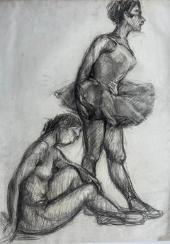 Fusain Nu féminin assis et étude de ballerine debout École française