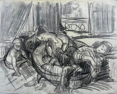 Charcoal Interior Scene Family Group French School Mid Century Study