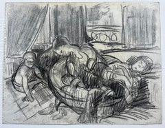 Charcoal Interior Scene Family Group French School Mid Century Study