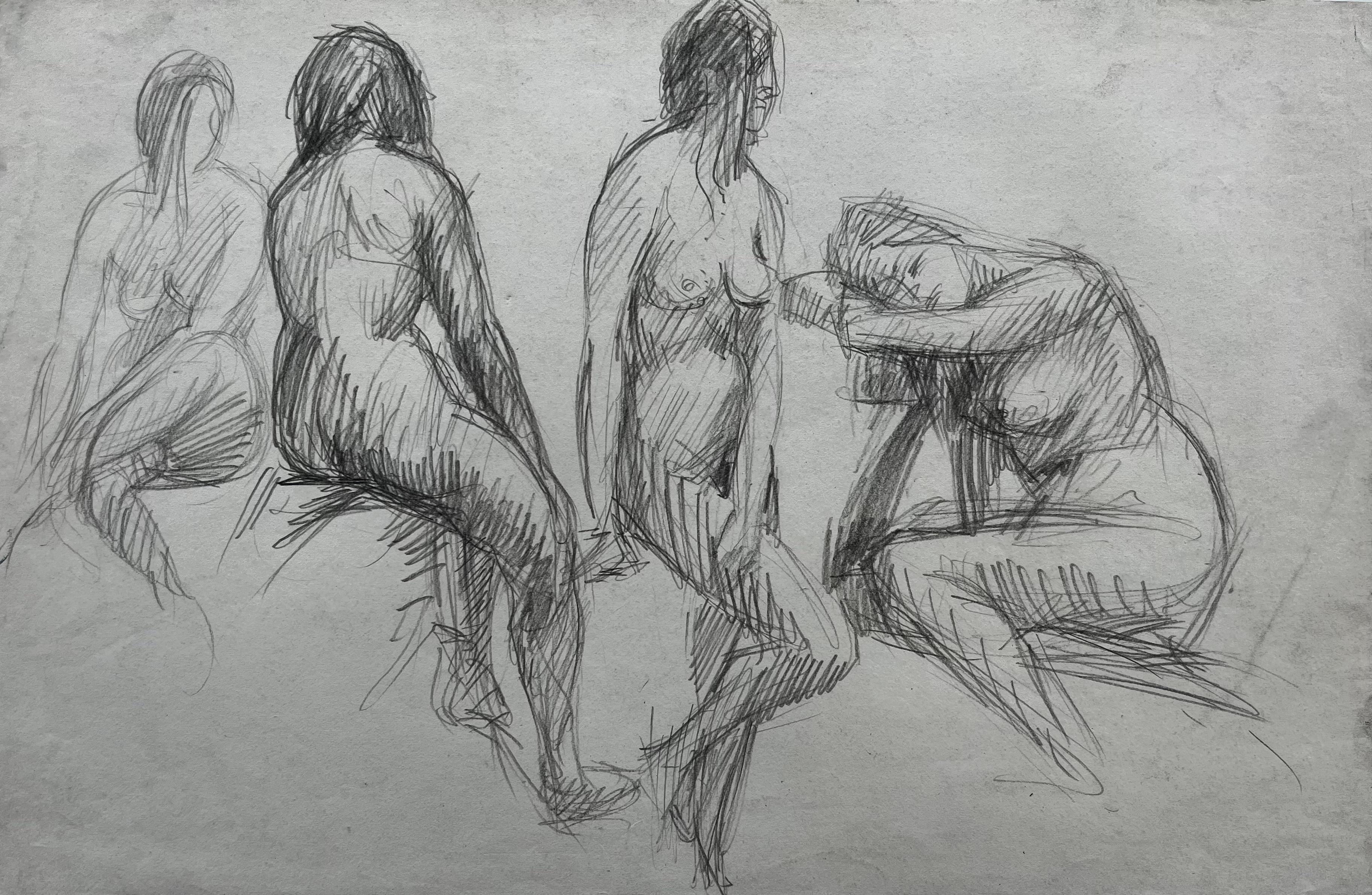 Graphite Multiple Female Nude Studies Academic French School