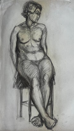Nu féminin assis au graphite Étude de figure École française Milieu du siècle