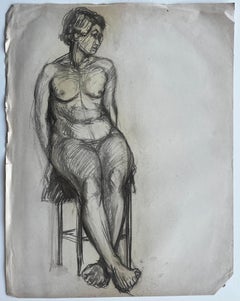 Nu féminin assis au graphite Étude de figure École française Milieu du siècle