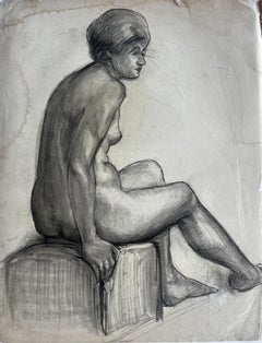Charcoal Seated Female Nude Profile Study French School Mid Century
