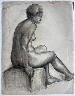 Charcoal Seated Female Nude Profile Study French School Mid Century