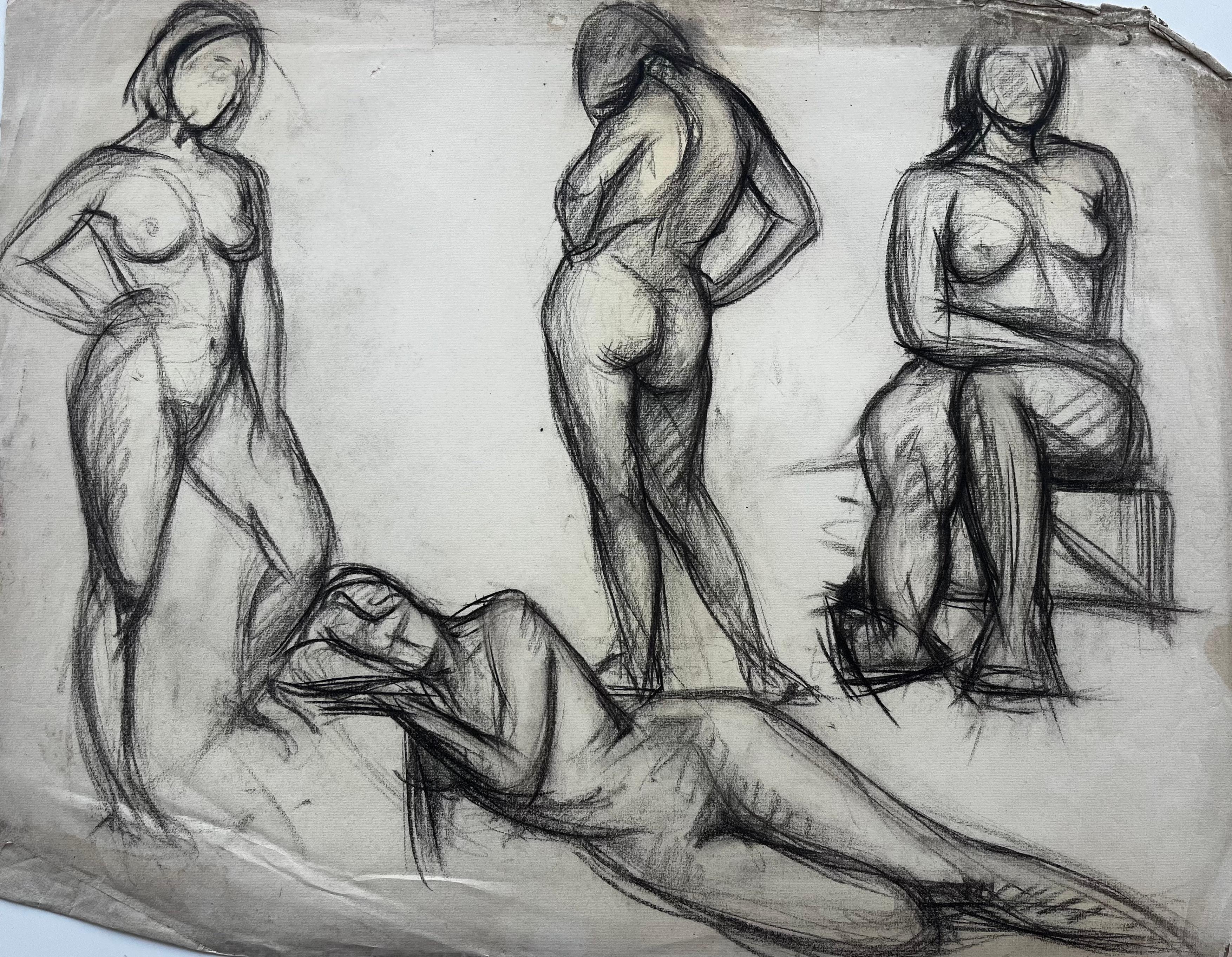 Title: Charcoal Multiple Female Nude Studies Academic French School
Medium: Charcoal on paper, unframed
Size: 19.75 x 25.5 inches (height x width)
Provenance: private collection
Condition: Fair vintage condition. Heavy age toning across sheet with