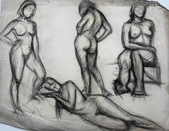 Charcoal Multiple Female Nude Studies Academic French School