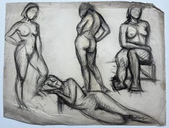 Charcoal Multiple Female Nude Studies Academic French School