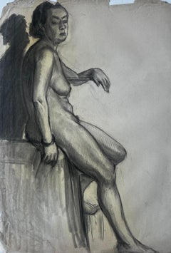 Charcoal Seated Female Nude With Cast Shadow On Plinth French Academic Study