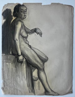 Charcoal Seated Female Nude With Cast Shadow On Plinth French Academic Study