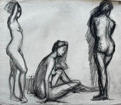 French School Charcoal Three Female Nude Academic Life Drawing