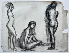 French School Charcoal Three Female Nude Academic Life Drawing