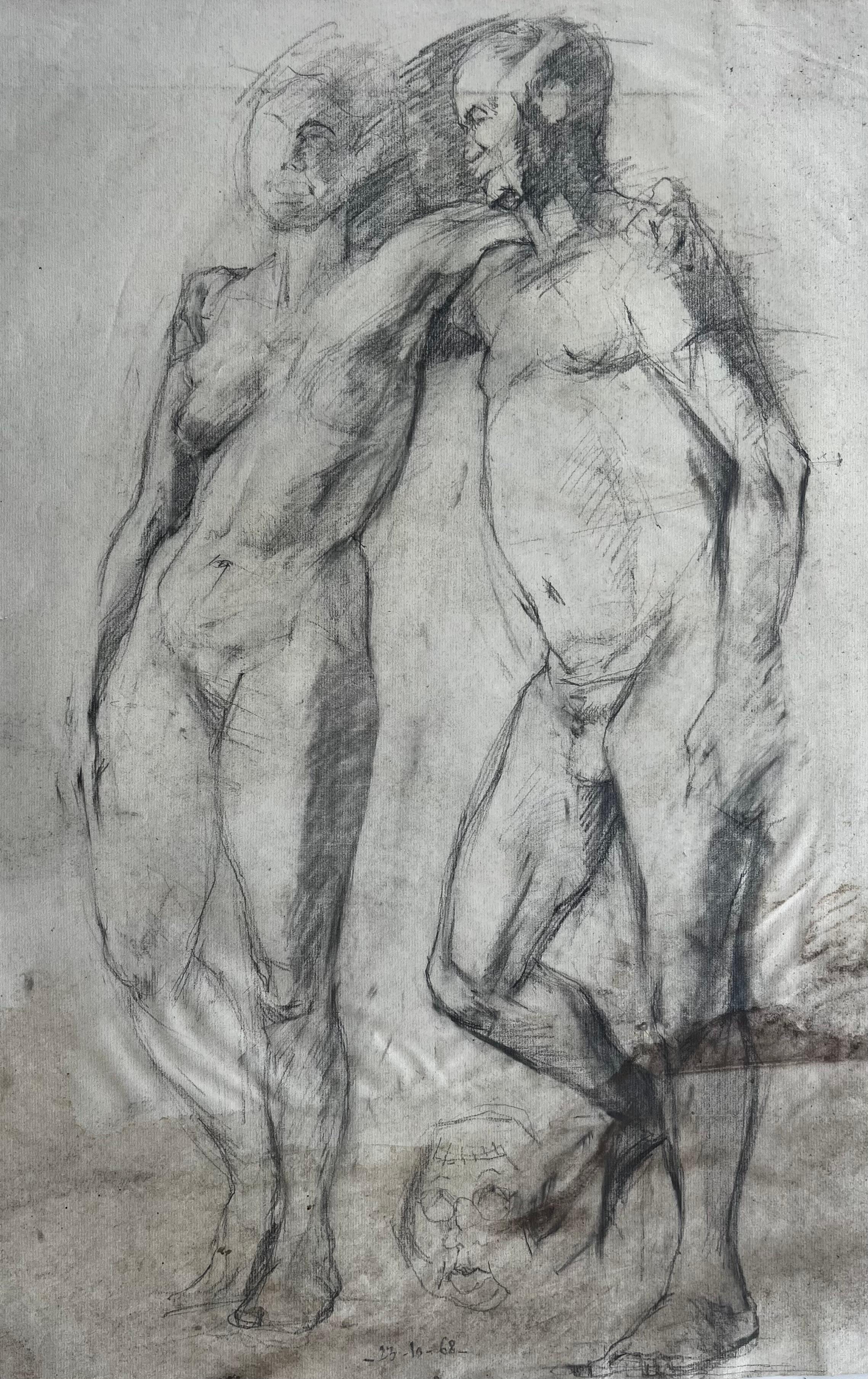 Mid Century French Graphite Male And Female Nude Figure Study