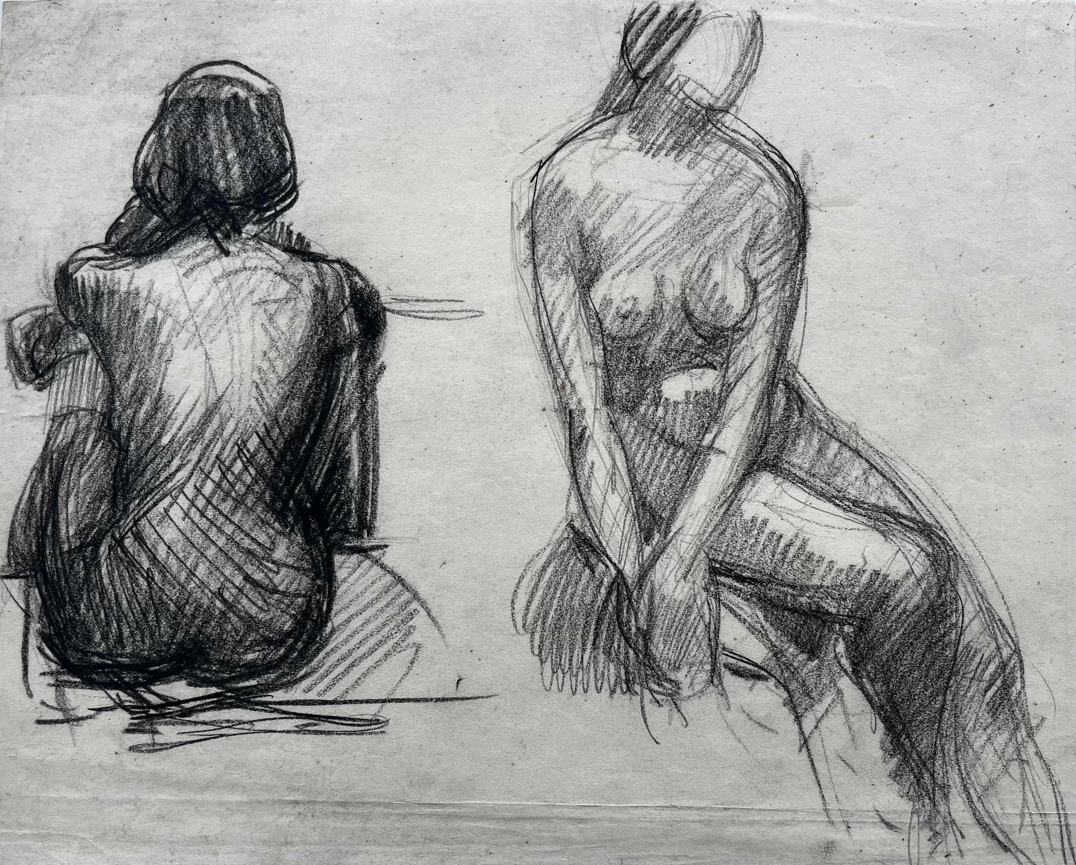Mid Century French School Nude Figure Life Study Charcoal Drawing