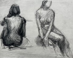 Mid Century French School Nude Figure Life Study Charcoal Drawing