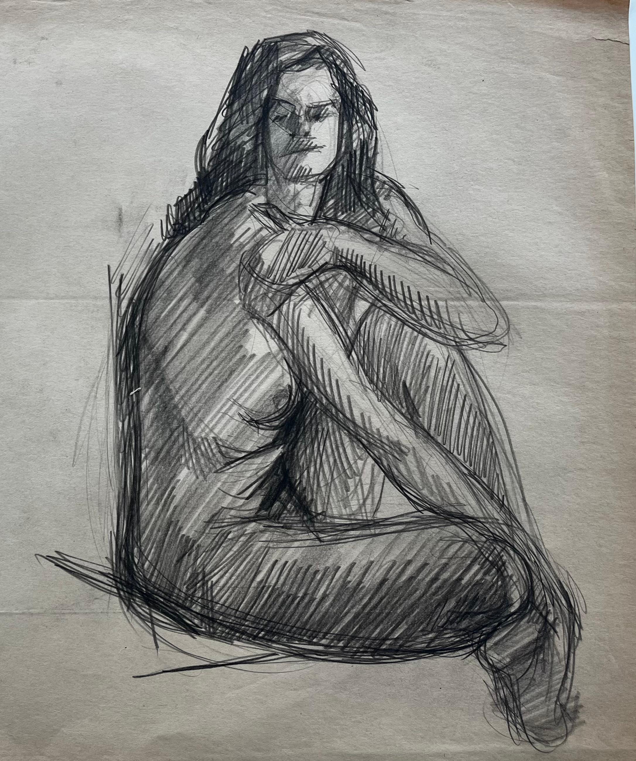 Disegno di studio sulla vita di una figura femminile seduta di scuola francese della metà del secolo scorso
