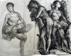Escuela francesa de mediados de siglo Figura desnuda femenina Estudios Dibujo al carboncillo