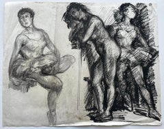 Escuela francesa de mediados de siglo Figura desnuda femenina Estudios Dibujo al carboncillo