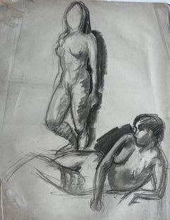 Mid Century French School Nude Female Figure Studies Charcoal Drawing