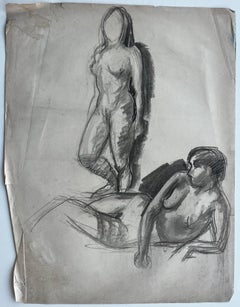 Mid Century French School Nude Female Figure Studies Charcoal Drawing