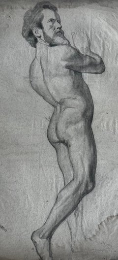 Dibujo al Carbón de la Escuela Francesa de Mediados de Siglo Figura Masculina Desnuda Estudio de Vida