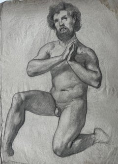 Escuela Francesa de Mediados de Siglo Figura Masculina Desnuda Estudio Académico de la Vida Dibujo