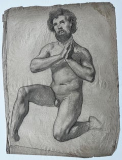Escuela Francesa de Mediados de Siglo Figura Masculina Desnuda Estudio Académico de la Vida Dibujo