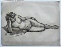 Dibujo de estudio de la vida de mujer desnuda reclinada de la escuela francesa de mediados de siglo