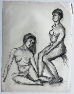 Mid Century French Charcoal Two Female Nude Academic Figure Study