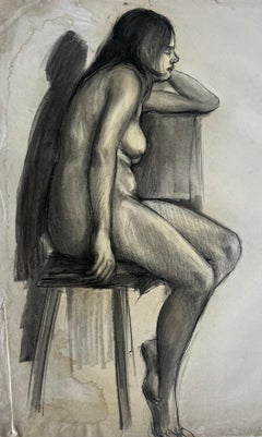 Mid Century French School Seated Nude Female Figure Life Study Drawing