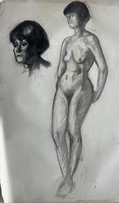 Mid Century French School Female Nude Figure and Portrait Study Drawing