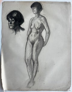 Mid Century French School Female Nude Figure and Portrait Study Drawing