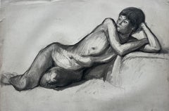 Dibujo de estudio de la vida de mujer desnuda reclinada de la escuela francesa de mediados de siglo