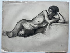 Dibujo de estudio de la vida de mujer desnuda reclinada de la escuela francesa de mediados de siglo