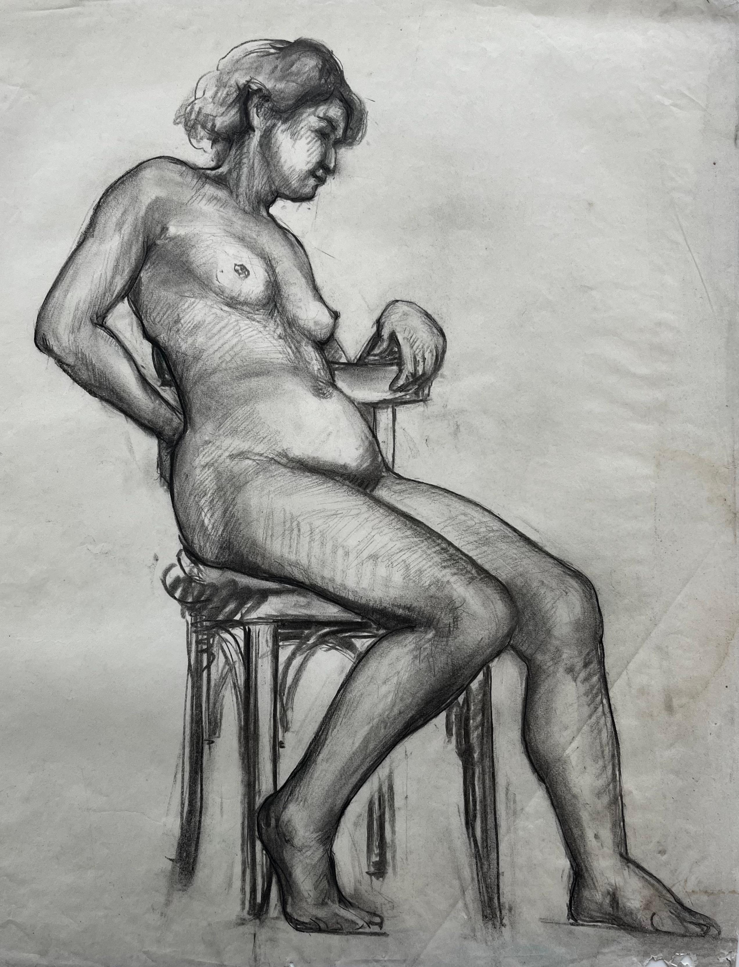 Title: Mid Century French School Seated Nude Female Figure Life Study Drawing
Medium: Charcoal and graphite on tracing paper, unframed
Size: 22 x 17.75 inches (height x width)
Provenance: private collection
Condition: Good overall with visible age