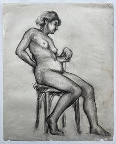 Mid Century French School Seated Nude Female Figure Life Study Drawing