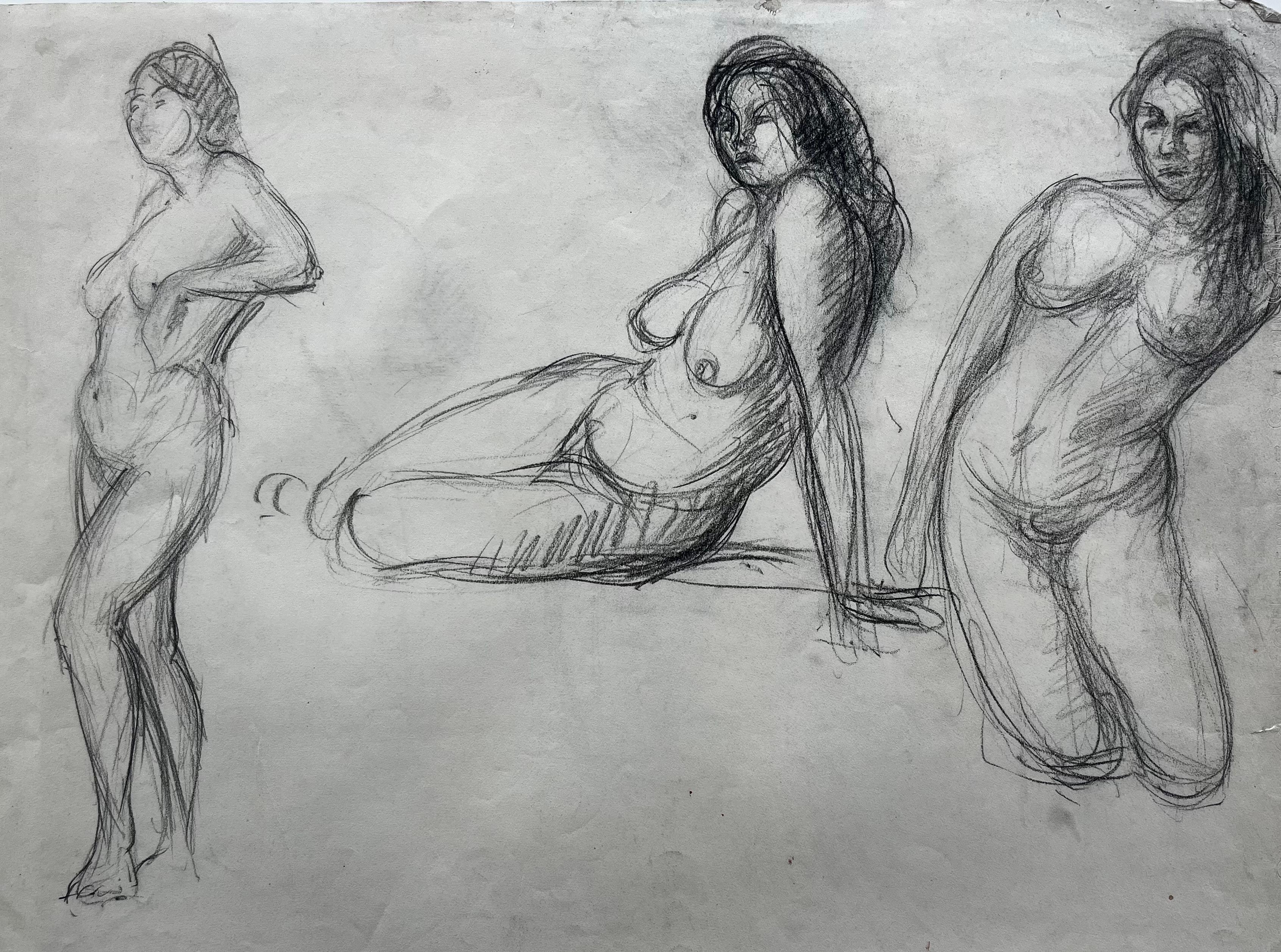 Title: Mid Century French School Double Sided Nude Figure Studies Drawing
Medium: Charcoal and graphite on paper, unframed
Size: 19.75 x 25.5 inches (height x width)
Provenance: private collection
Condition: Good overall with age toning surface wear