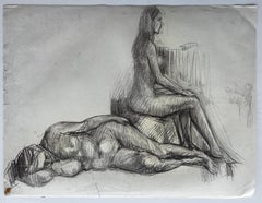 Französische Schule der Jahrhundertmitte Liegende und sitzende Aktfigur Studie